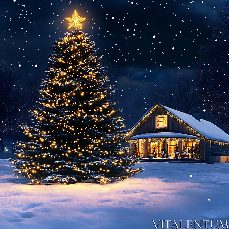 Festive Holiday Scene with Snow-covered Christmas Tree AI Image