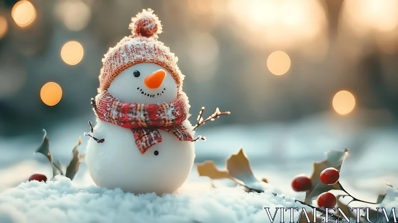 Cute Snowman Amidst Winter Holiday Scenery AI Image