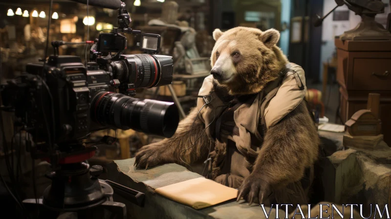 Brown Bear with Cameras in Historical Drama Setting AI Image