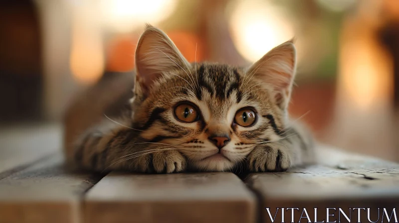 Cute Tabby Kitten Lying on Wood AI Image