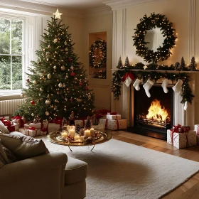 Cozy Christmas Living Room with Tree, Fireplace, and Festive Decor