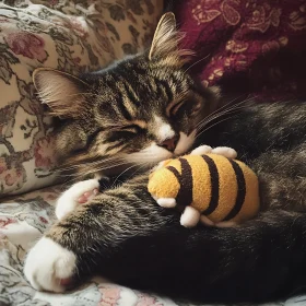 Cozy Cat Snuggling with Plush Bee