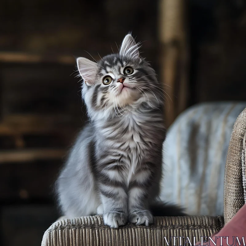 Curious Fluffy Gray Kitten Portrait AI Image