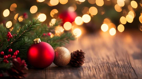 Christmas Ornaments and Pine Cones with Bokeh Background