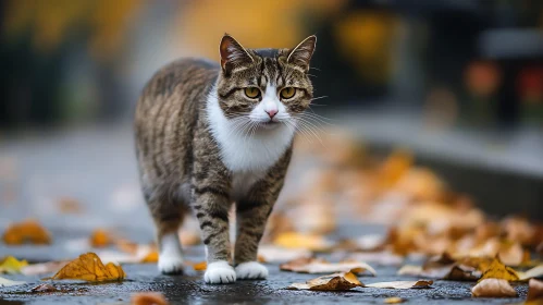 Autumn Cat Strolling on Leaf-Covered Wet Pavement