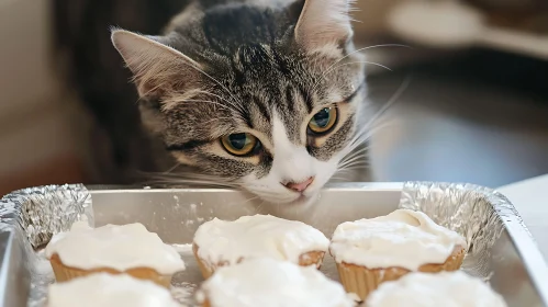 Cat Gazing at Cupcakes in the Kitchen