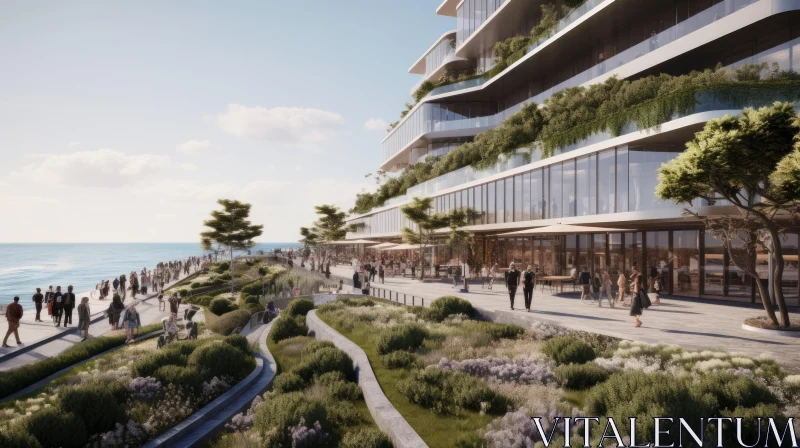 Delicate Flora: Luxurious Green Building Next to the Ocean AI Image