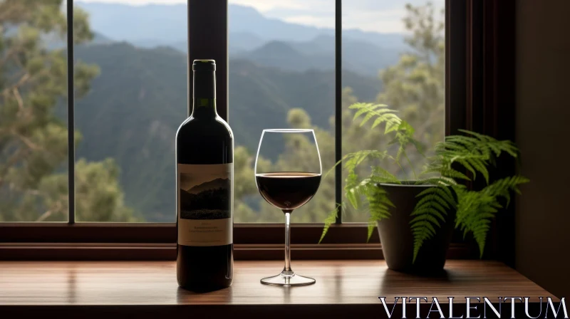 Exquisite Still Life Art: Wine, Bottle, and Window Sill with Mountains AI Image