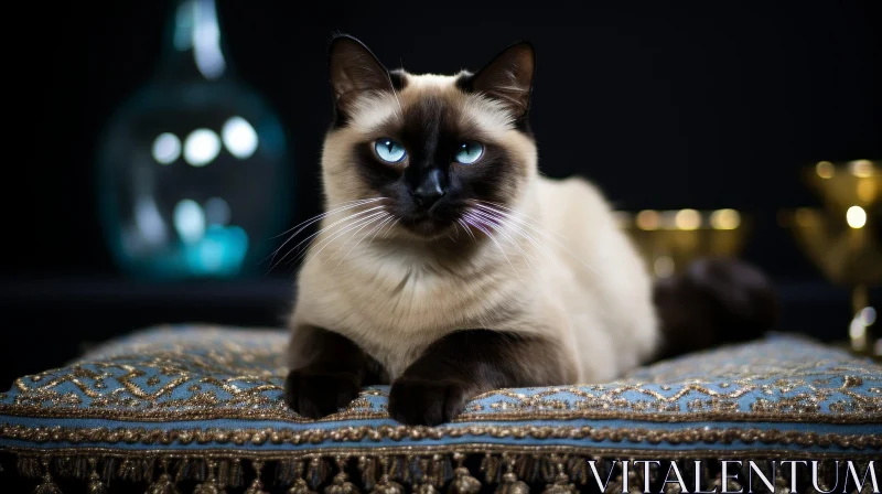 Siamese Cat on Blue and Gold Pillow AI Image