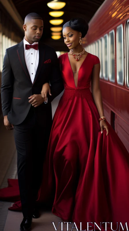 Timeless Elegance on Train Tracks - Couple in Crimson AI Image