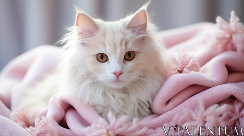 AI ART White Fluffy Cat on Pink Blanket