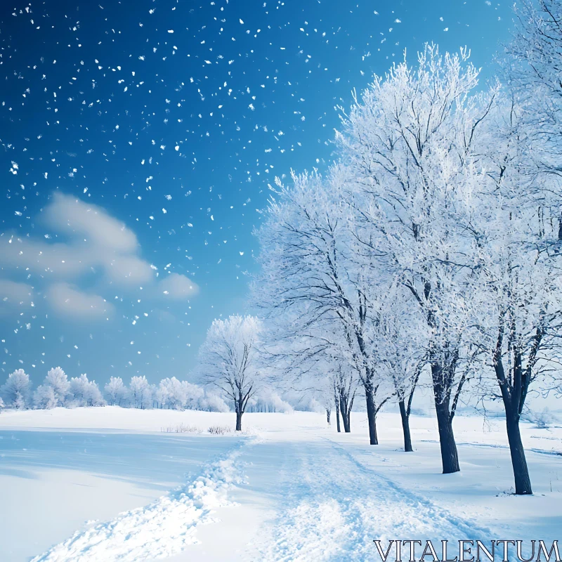 Peaceful Snowy Winter Path with Falling Snow AI Image