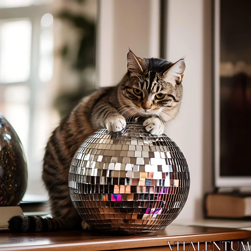 Curious Cat and Disco Ball AI Image