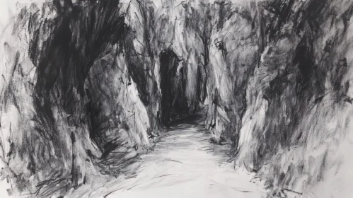 Charcoal Sketch of a Dark Cave Pathway