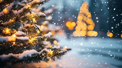 Serene Snowy Christmas Lights with Golden Bokeh