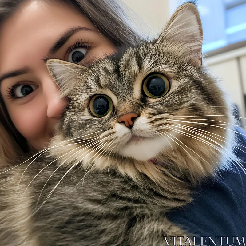 Woman and Fluffy Cat Selfie AI Image