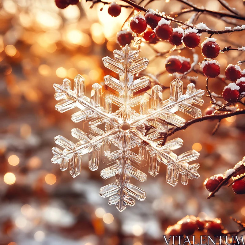 Winter Sunlit Snowflake and Berries AI Image