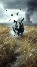 Charging Rhino in Fantasy Landscape