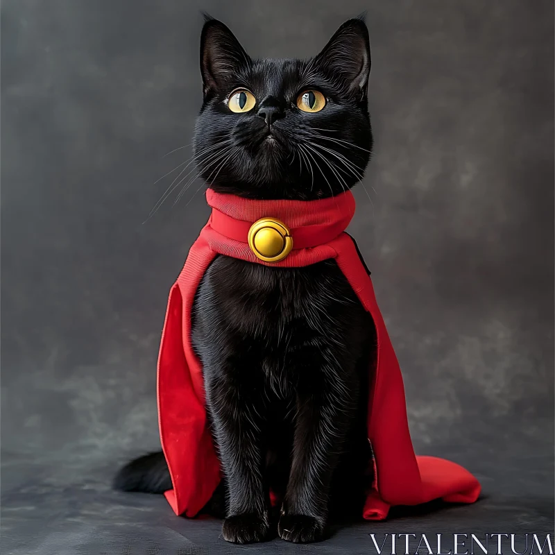 Heroic Black Cat Wearing a Red Cape AI Image