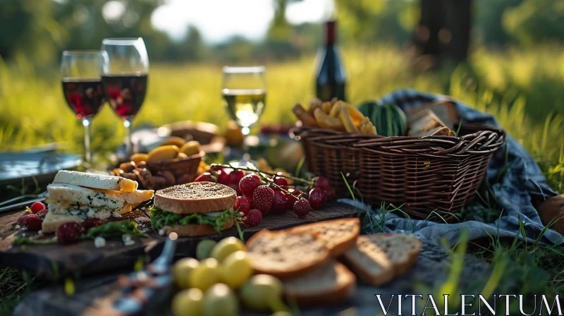 A Serene Picnic in the Park: Wine, Cheese, and Delightful Delicacies AI Image