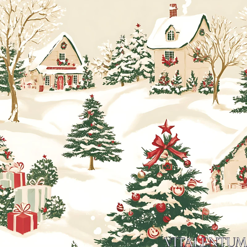 Snowy Holiday Village Scene AI Image