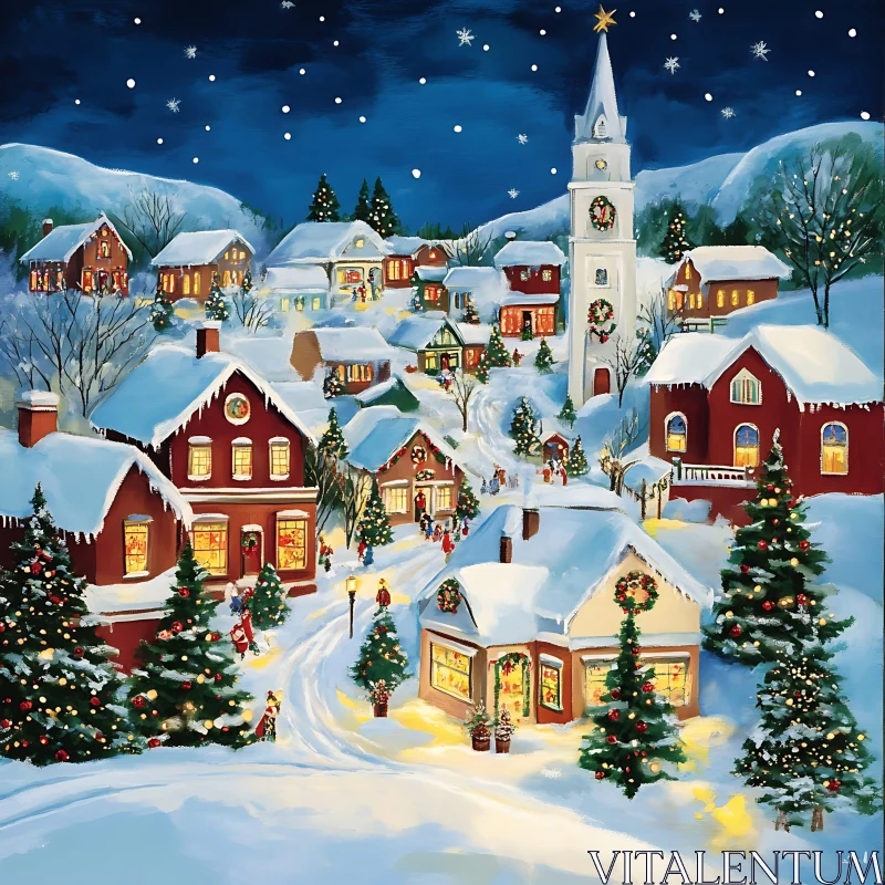 Festive Holiday Scene in a Snowy Village AI Image