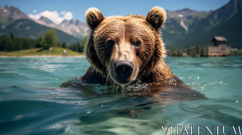 Brown Bear Swimming in Summer Lake with Mountain Backdrop AI Image