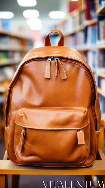 Brown Leather Backpack in Library AI Image