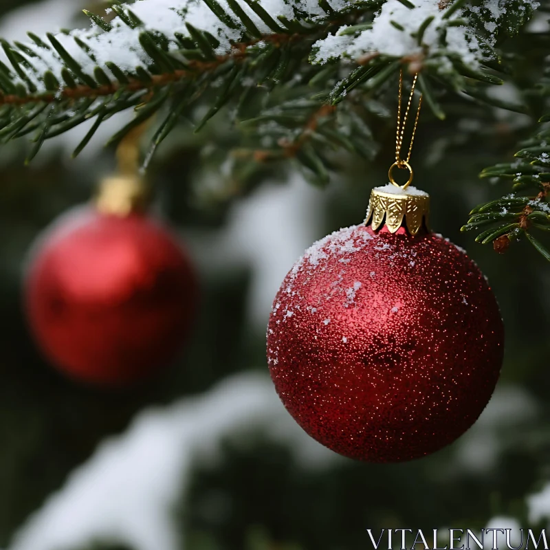 Festive Red Christmas Bauble in Snowy Tree AI Image