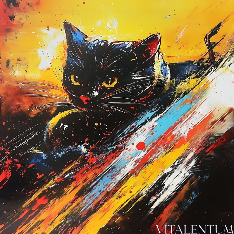 Vivid Abstract Art with Black Cat and Yellow Eyes AI Image