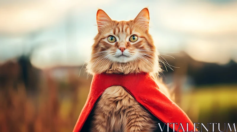 Ginger Cat Superhero with Red Cape AI Image