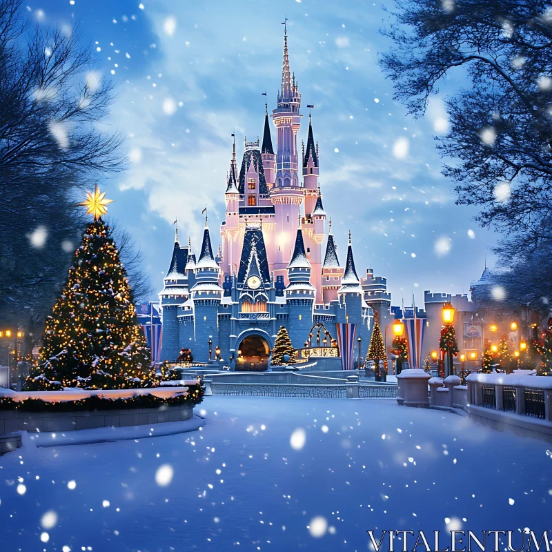 Magical Snowy Castle During Christmas AI Image