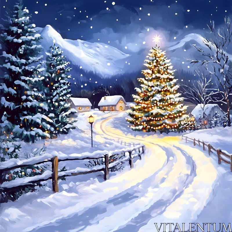 Snowy Holiday Village with Illuminated Christmas Tree AI Image