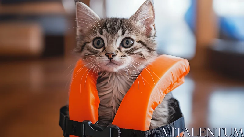 Cute Kitten Wearing Safety Vest Indoors AI Image