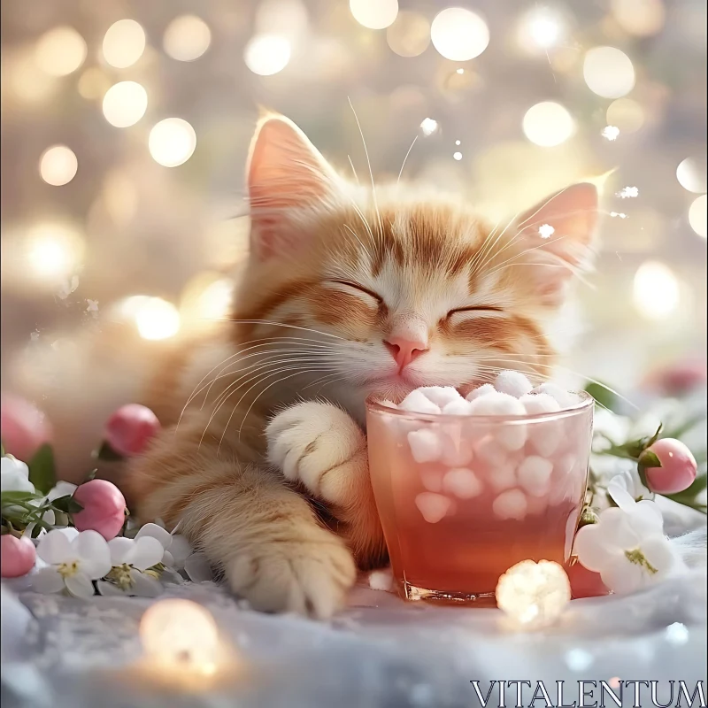 Cozy Kitten Relaxing by a Drink with Twinkling Lights AI Image