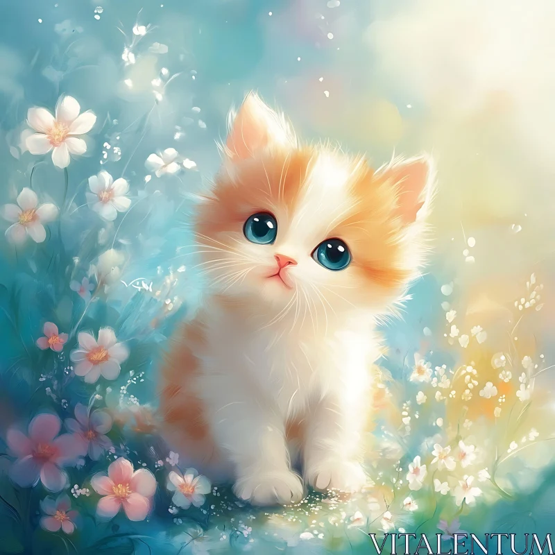 Adorable Kitten in a Flower Bed AI Image