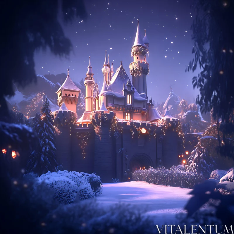 Snow-Covered Fairytale Castle Illumination AI Image