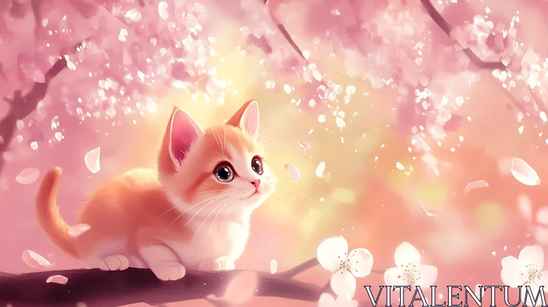 Cute Kitten on a Blossom-Covered Branch AI Image