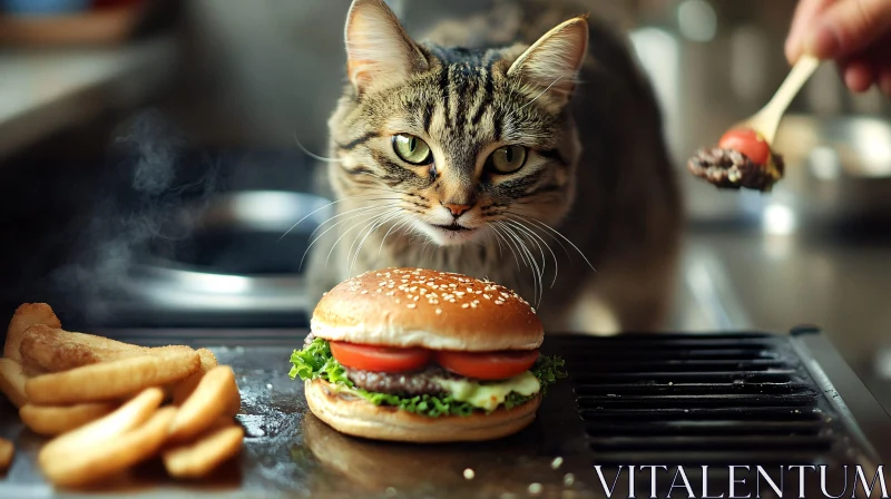 Hungry Cat Observing Burger Preparation AI Image