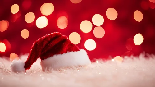 Santa Hat on Fluffy Surface with Festive Lights