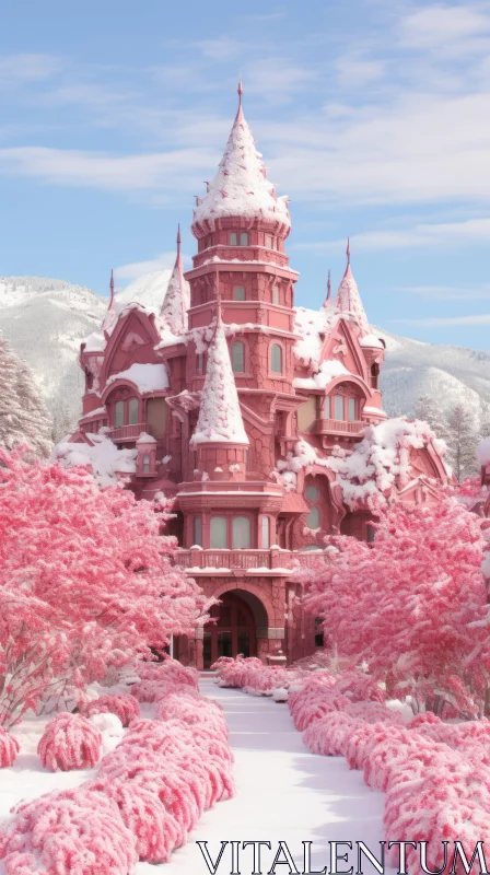 Candy-Coated Pink Castle in a Snowy Landscape AI Image