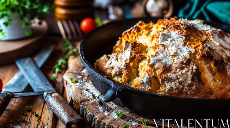 Close-up of Golden Brown Loaf in Cast Iron Skillet | Food Photography AI Image