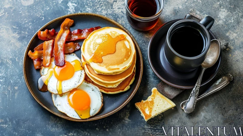 Delicious Breakfast of Pancakes, Bacon, and Eggs on a Black Plate AI Image