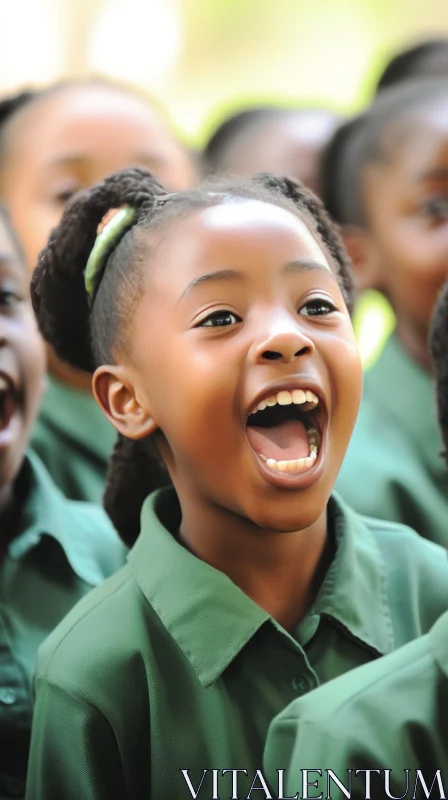 Exuberant Portraits of Singing Schoolchildren in Green Uniforms AI Image