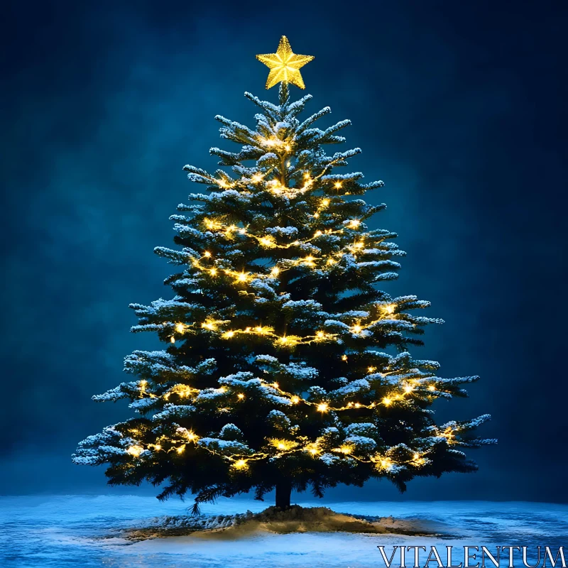 Snow-Covered Christmas Tree with Golden Lights AI Image