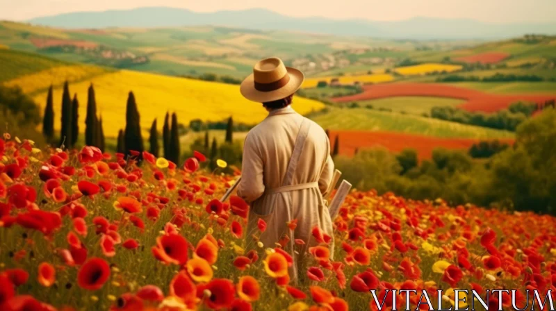 Man Walking through a Field of Flowers: Romantic Depictions of Historical Events AI Image