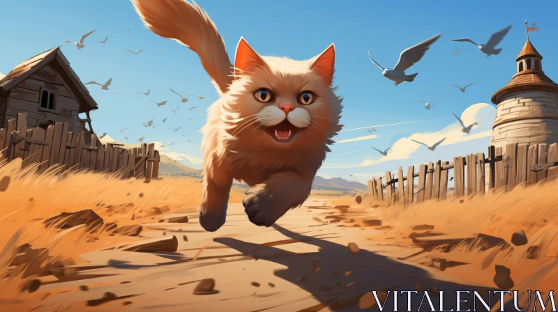 Playful Cartoon Cat Running in Field AI Image
