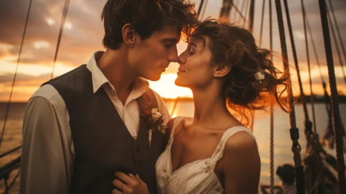 Romantic Vintage Inspired Wedding: Bride and Groom Embrace on Ship at Sunset