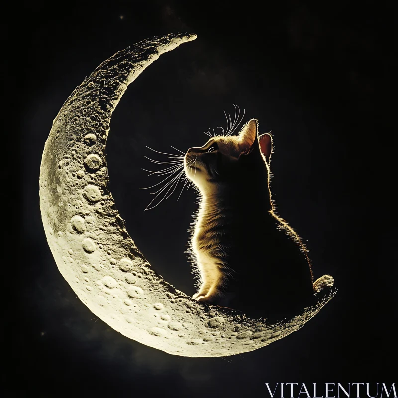 Mystical Night Scene with Cat on Moon AI Image