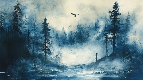 Peaceful Misty Forest with Bird in Flight